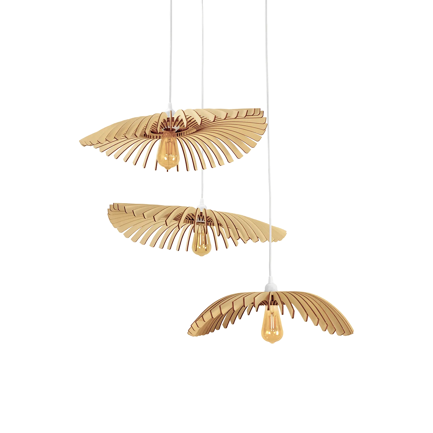 3 luminaires design en bois fond blanc